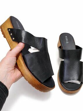 KELSI DAGGER KDB Brooklyn Platform Sandals Leather Wood Peep Toe Black Women 10